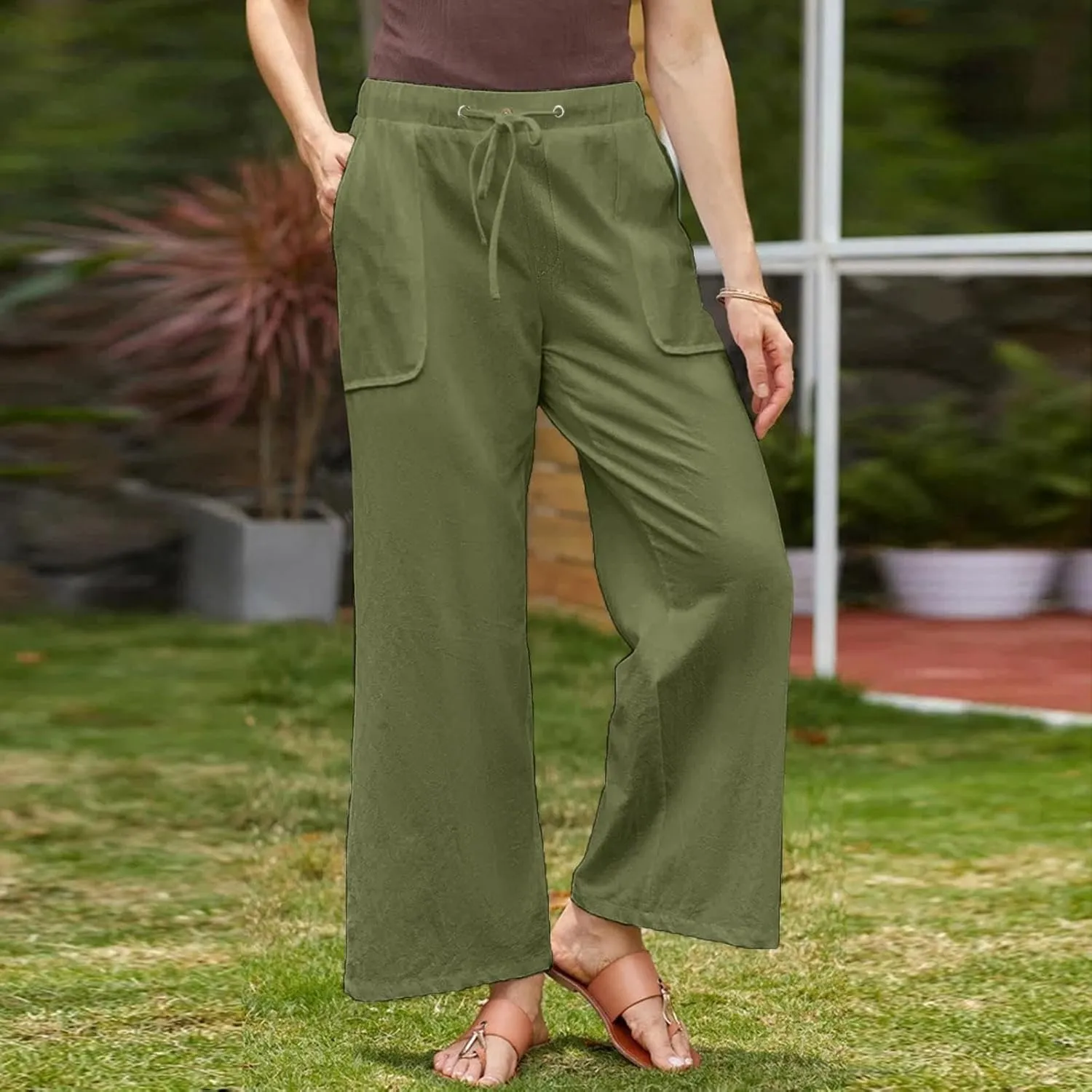 Women Cotton Linen Casual Pants Straight Leg Drawstring Elastic High Waist Loose Trousers with Pockets Relaxed Lounge Wide