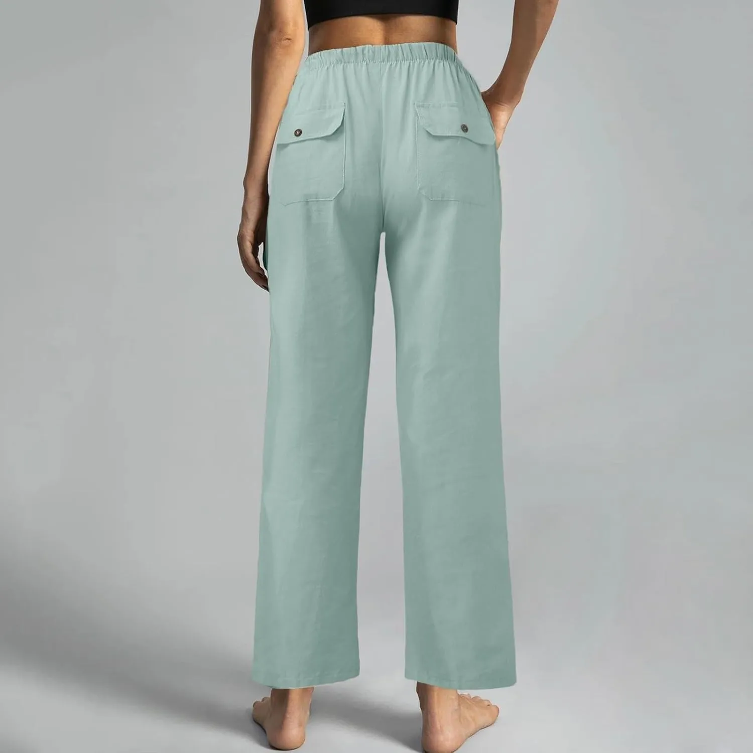 Women Cotton Linen Casual Pants Straight Leg Drawstring Elastic High Waist Loose Trousers with Pockets Relaxed Lounge Wide