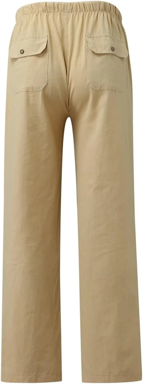 Women Cotton Linen Casual Pants Straight Leg Drawstring Elastic High Waist Loose Trousers with Pockets Relaxed Lounge Wide