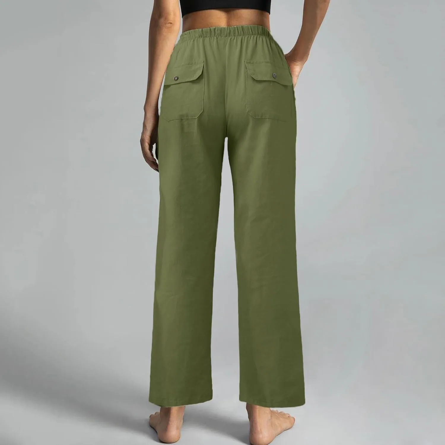 Women Cotton Linen Casual Pants Straight Leg Drawstring Elastic High Waist Loose Trousers with Pockets Relaxed Lounge Wide