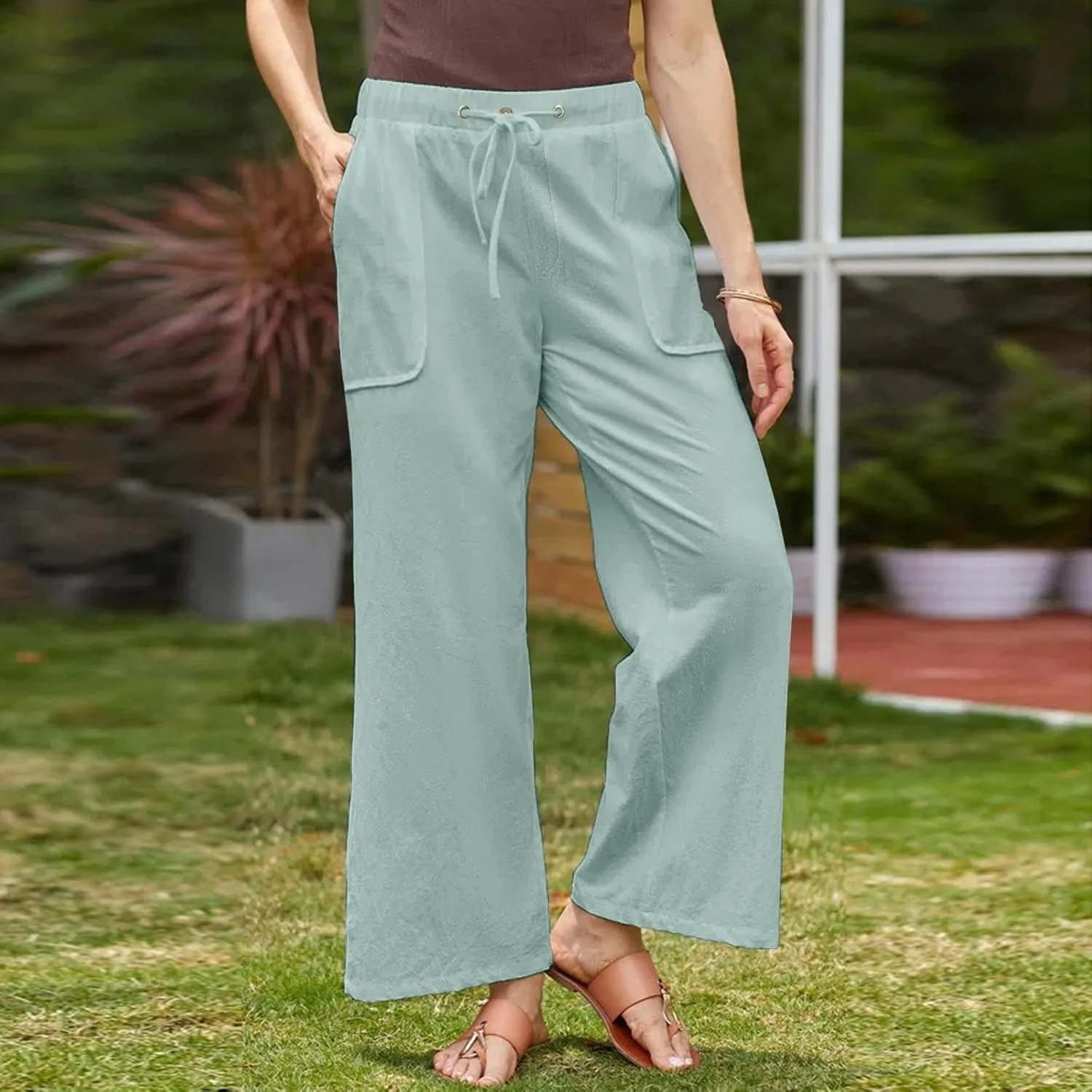 Women Cotton Linen Casual Pants Straight Leg Drawstring Elastic High Waist Loose Trousers with Pockets Relaxed Lounge Wide