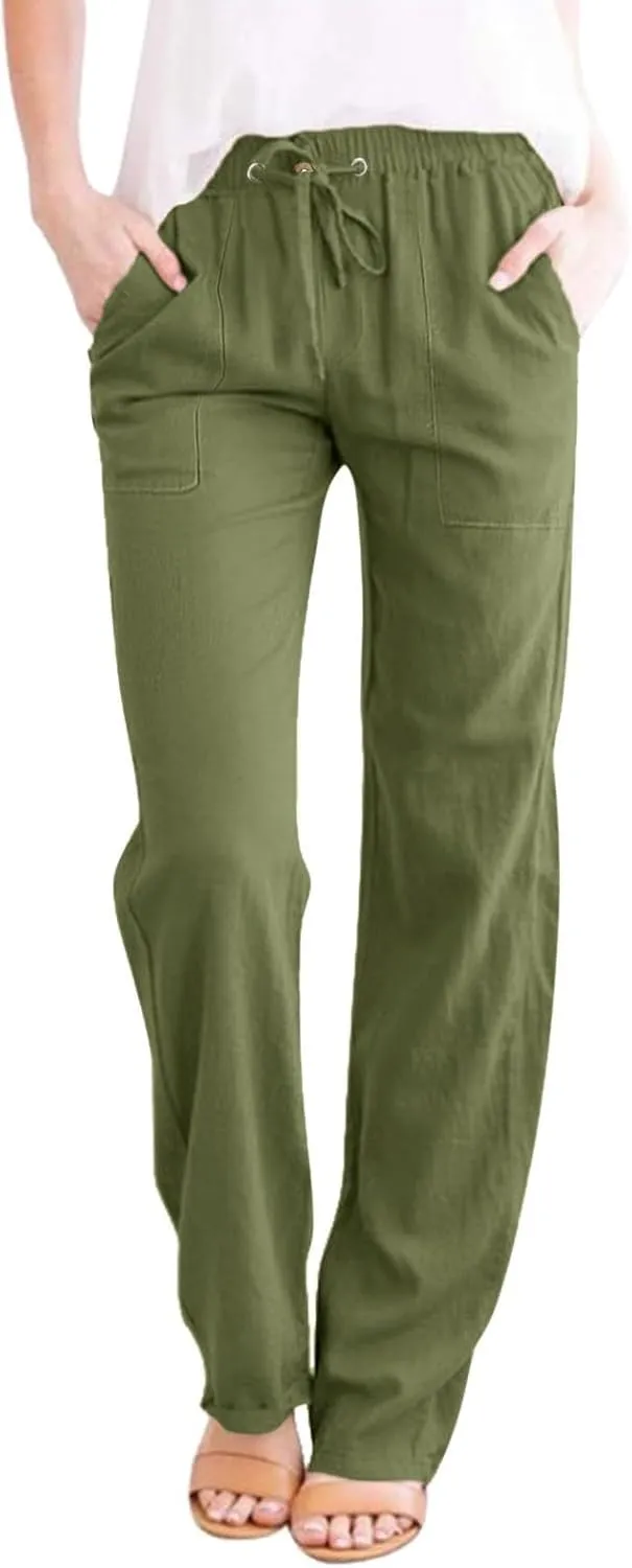 Women Cotton Linen Casual Pants Straight Leg Drawstring Elastic High Waist Loose Trousers with Pockets Relaxed Lounge Wide