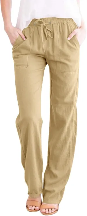 Women Cotton Linen Casual Pants Straight Leg Drawstring Elastic High Waist Loose Trousers with Pockets Relaxed Lounge Wide