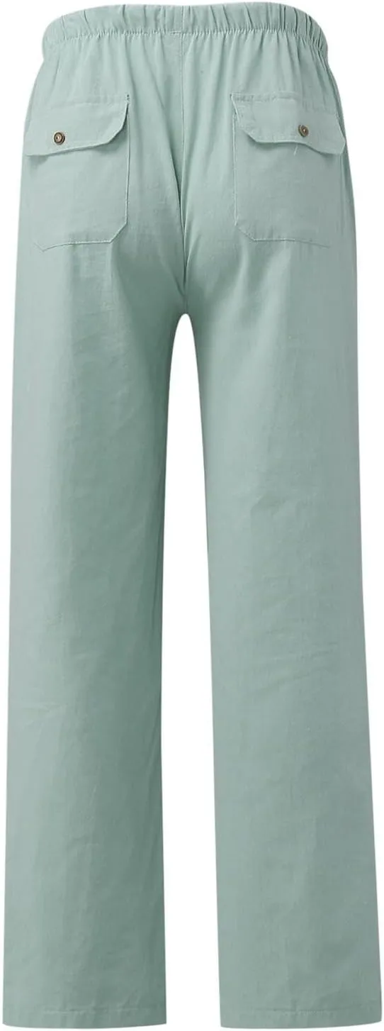 Women Cotton Linen Casual Pants Straight Leg Drawstring Elastic High Waist Loose Trousers with Pockets Relaxed Lounge Wide