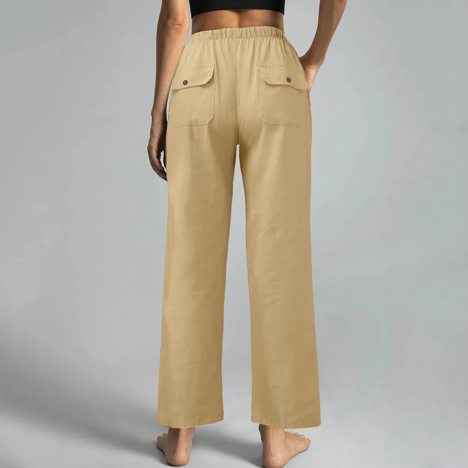 Women Cotton Linen Casual Pants Straight Leg Drawstring Elastic High Waist Loose Trousers with Pockets Relaxed Lounge Wide