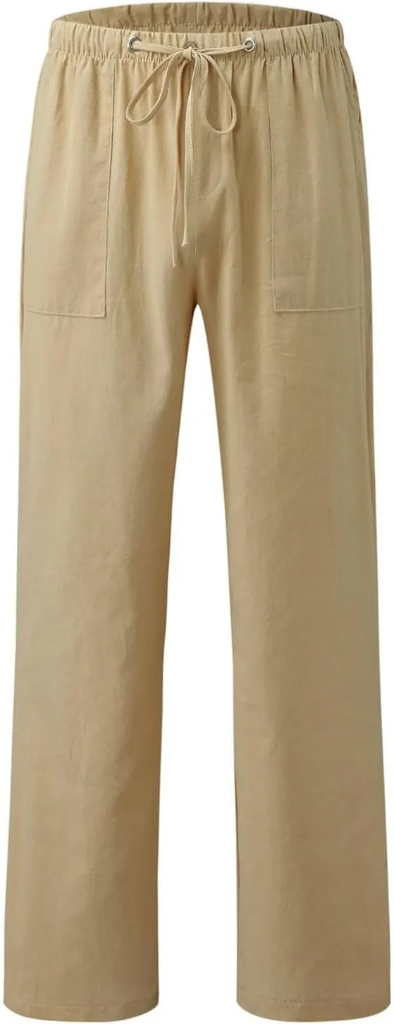Women Cotton Linen Casual Pants Straight Leg Drawstring Elastic High Waist Loose Trousers with Pockets Relaxed Lounge Wide