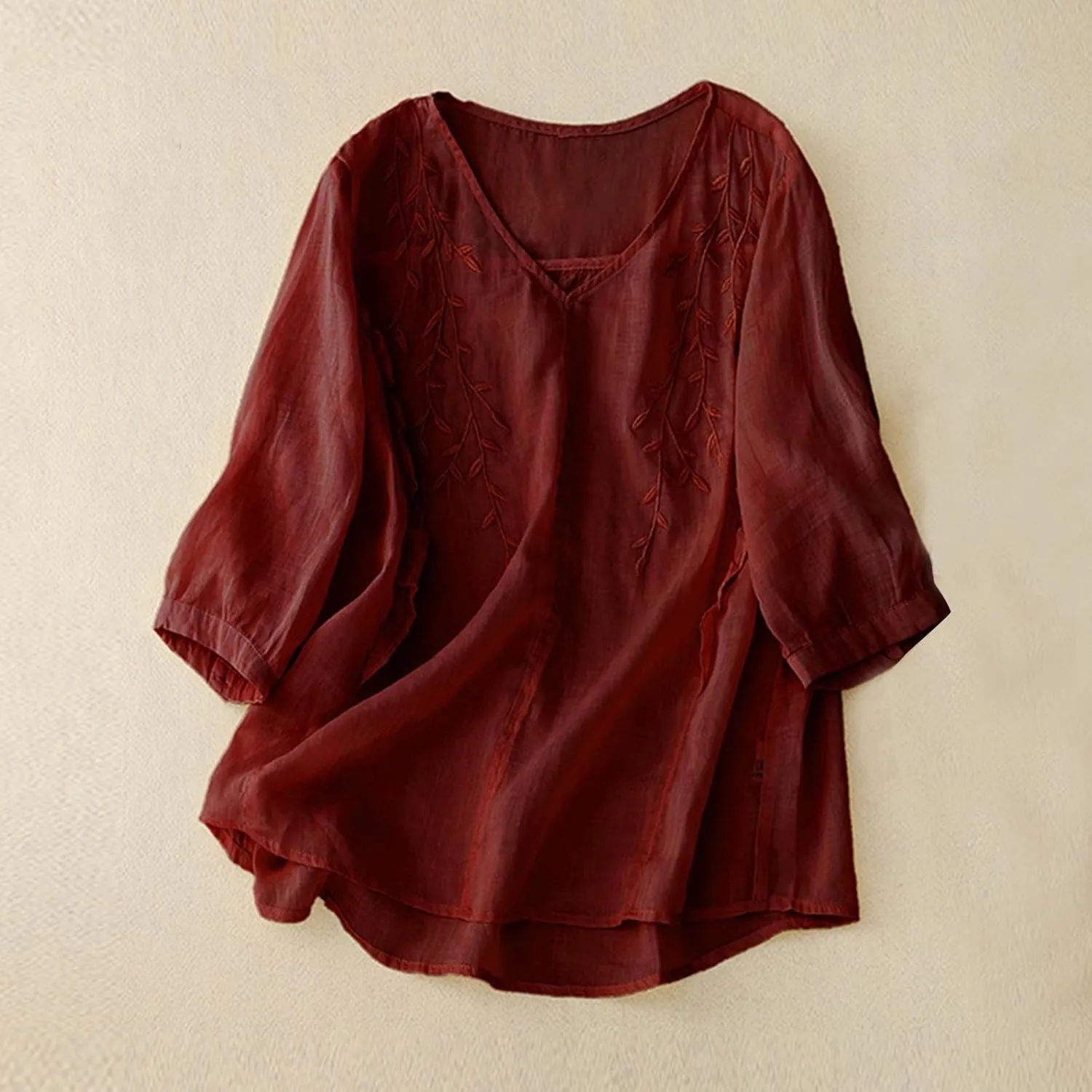 Women Cotton Linen Summer Tops Embroidered Bohemian Blouses Shirts 3/4 Sleeve Guaze Tunic Boho Style Peasant Outfits