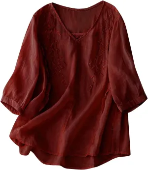 Women Cotton Linen Summer Tops Embroidered Bohemian Blouses Shirts 3/4 Sleeve Guaze Tunic Boho Style Peasant Outfits