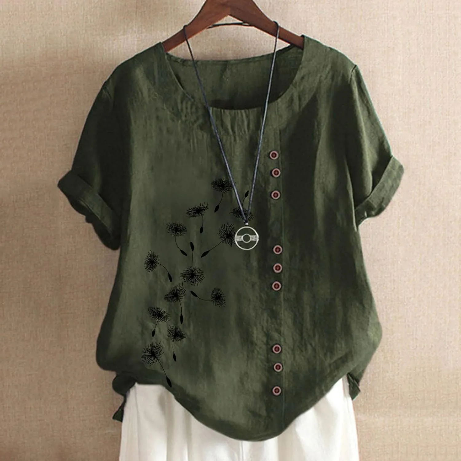 Women Cotton Linen Tshirt Tops Casual Loose Trendy Dandelion Floral Printed Tunic Tees Short Sleeve Plus Button Blouse