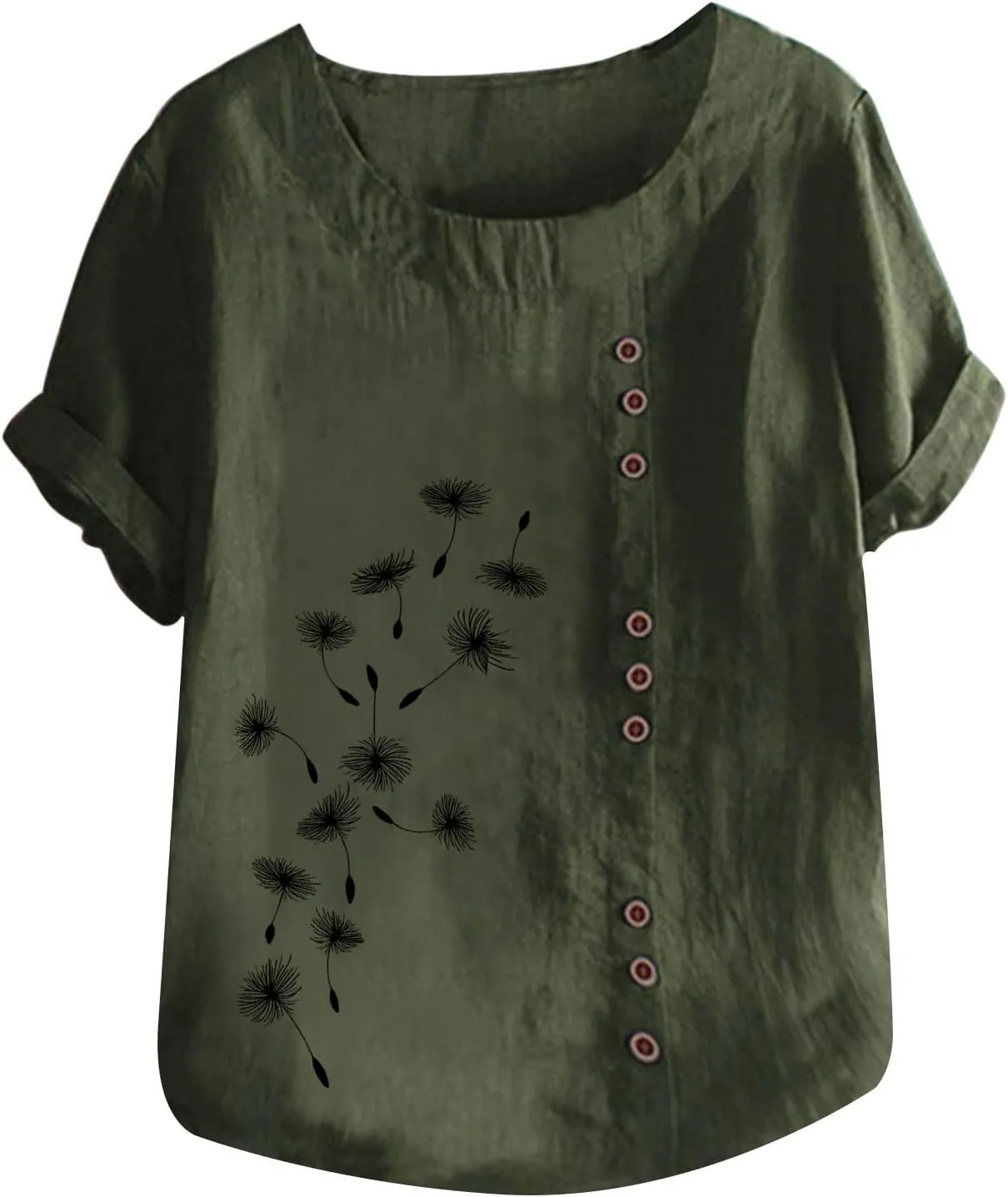 Women Cotton Linen Tshirt Tops Casual Loose Trendy Dandelion Floral Printed Tunic Tees Short Sleeve Plus Button Blouse