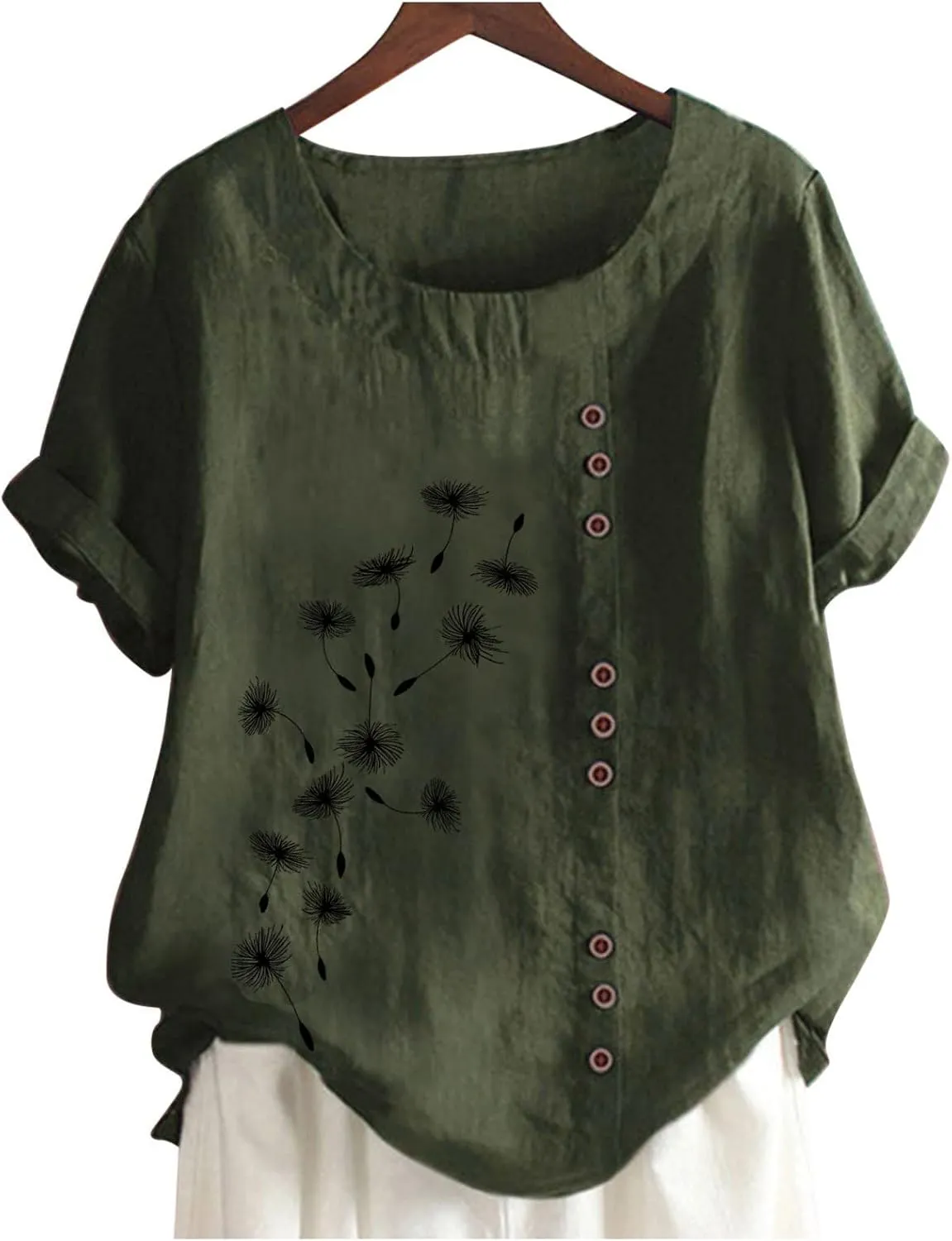Women Cotton Linen Tshirt Tops Casual Loose Trendy Dandelion Floral Printed Tunic Tees Short Sleeve Plus Button Blouse
