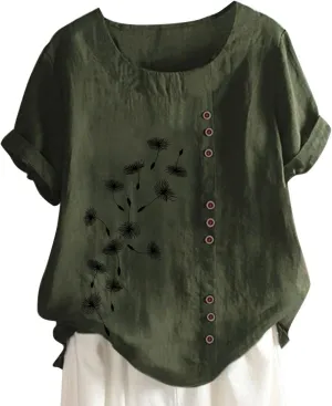 Women Cotton Linen Tshirt Tops Casual Loose Trendy Dandelion Floral Printed Tunic Tees Short Sleeve Plus Button Blouse