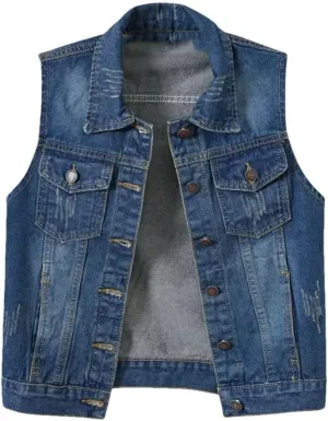 Women Denim Vest With Pockets Plus Size Sleeveless Denim Jacket Vintage Casual Waistcoats