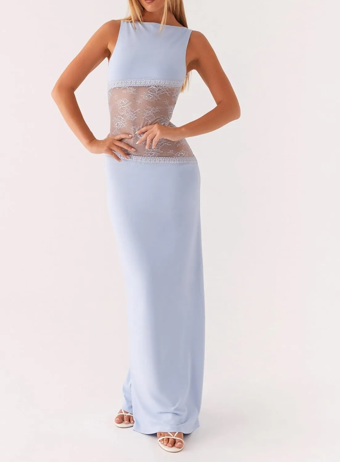 Women Elegant Lace Patchwork Slip Maxi Dress Strappy Cut Out Slim Fit Long Dress Sleeveless Bodycon Cocktail Sundress