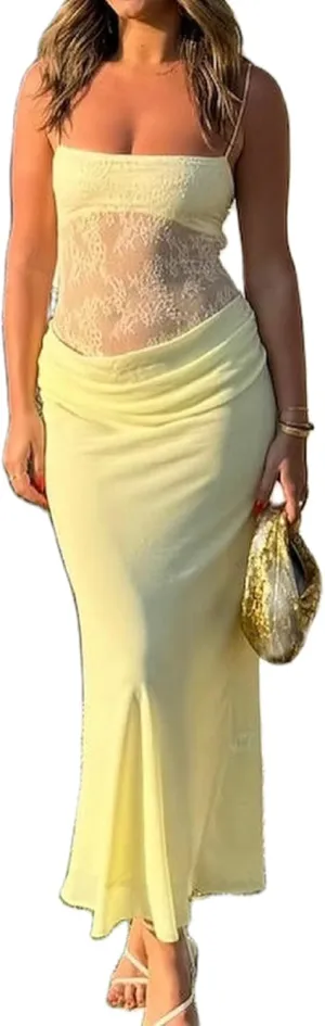 Women Elegant Lace Patchwork Slip Maxi Dress Strappy Cut Out Slim Fit Long Dress Sleeveless Bodycon Cocktail Sundress