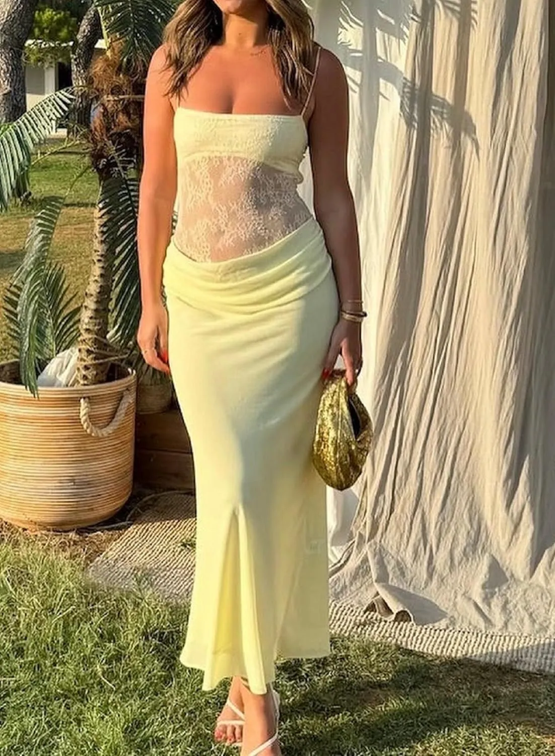 Women Elegant Lace Patchwork Slip Maxi Dress Strappy Cut Out Slim Fit Long Dress Sleeveless Bodycon Cocktail Sundress