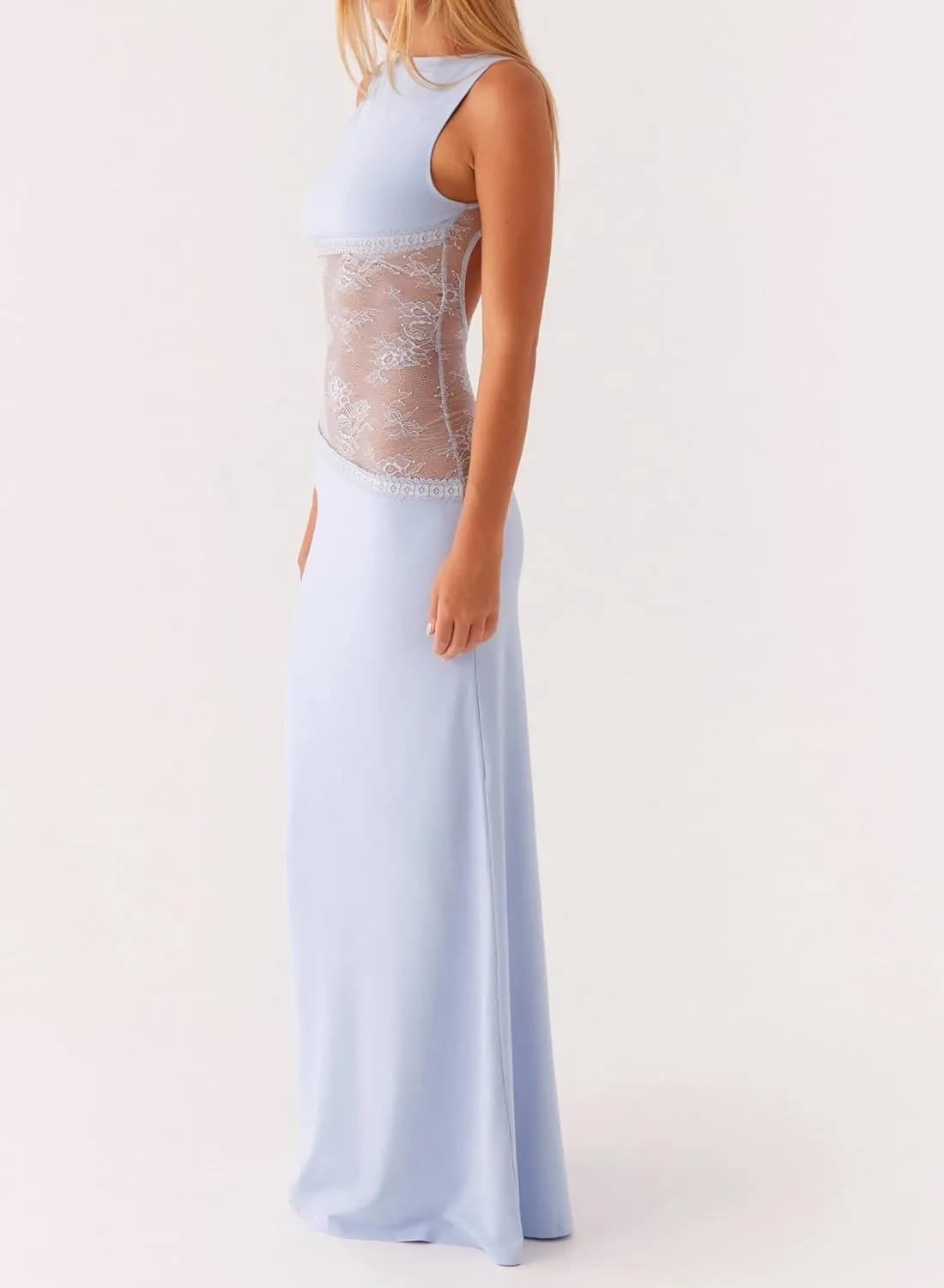 Women Elegant Lace Patchwork Slip Maxi Dress Strappy Cut Out Slim Fit Long Dress Sleeveless Bodycon Cocktail Sundress