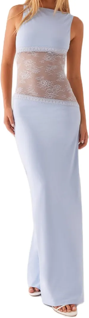 Women Elegant Lace Patchwork Slip Maxi Dress Strappy Cut Out Slim Fit Long Dress Sleeveless Bodycon Cocktail Sundress