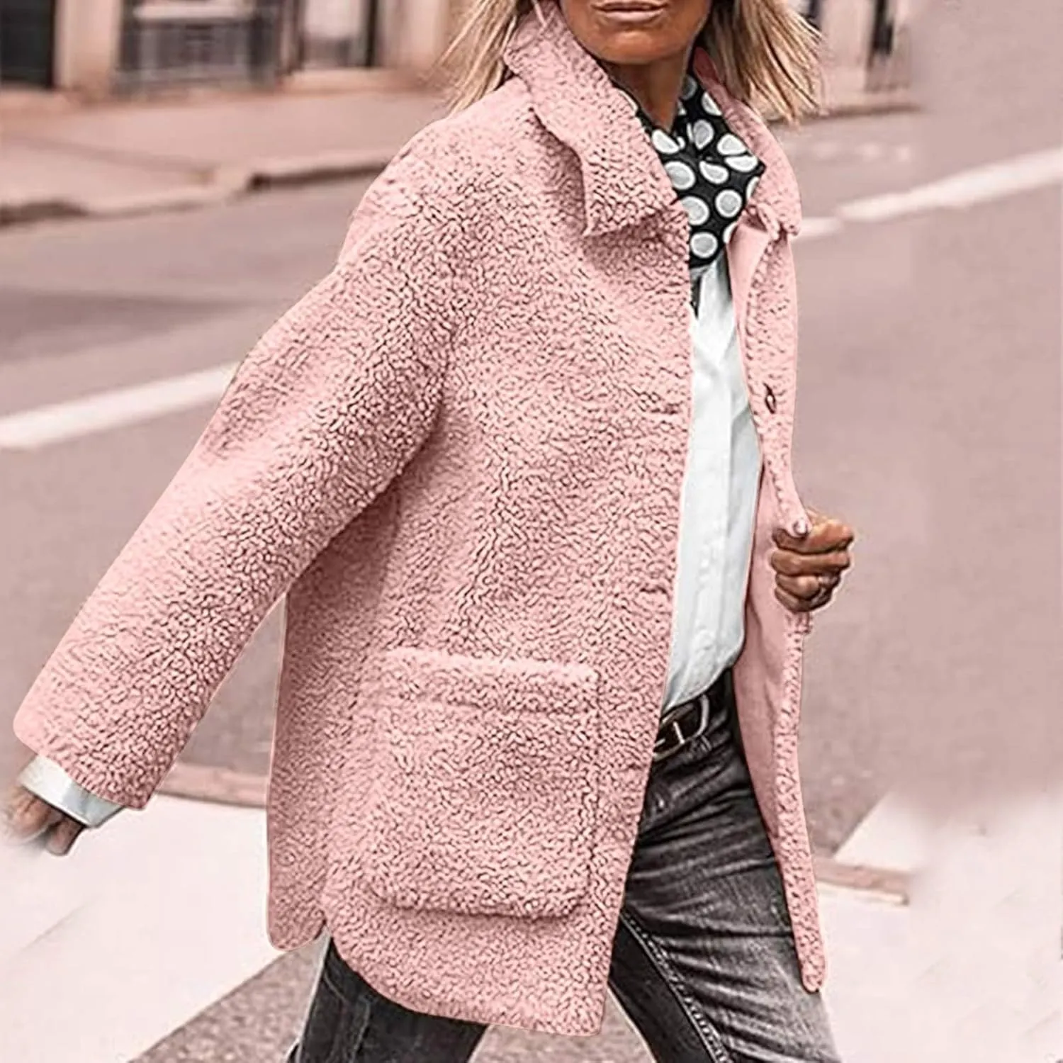 Women Fuzzy Fleece Jackets Warm Sherpa Cardigan Open Front Fleece Coat Long Sleeve Button Down Jacket Casual Winter Coat