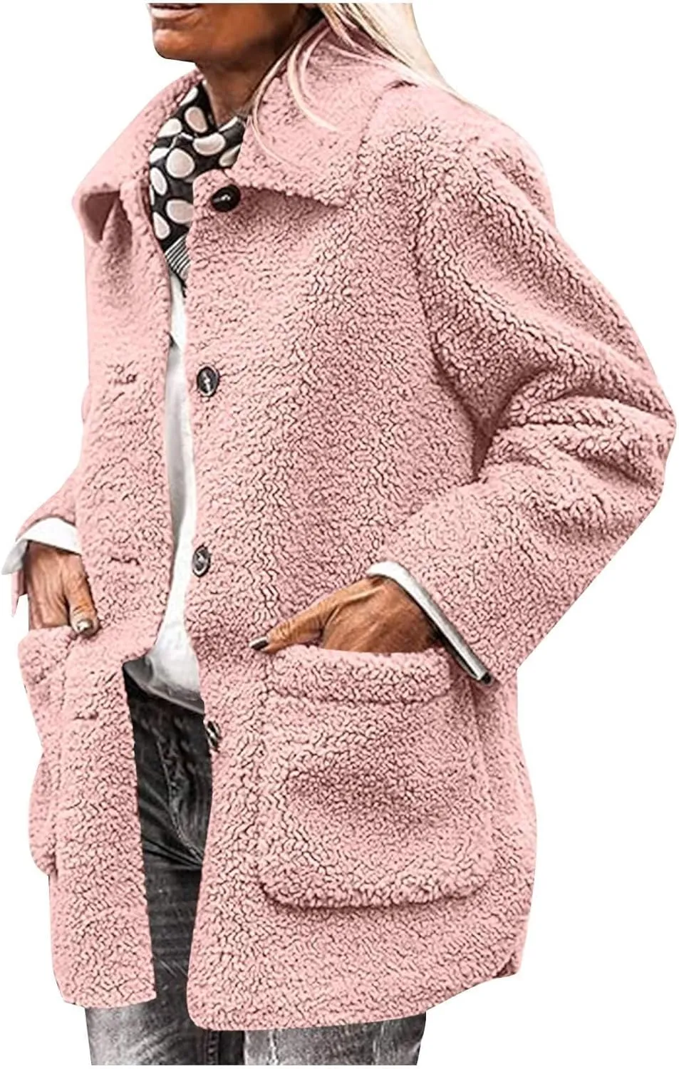 Women Fuzzy Fleece Jackets Warm Sherpa Cardigan Open Front Fleece Coat Long Sleeve Button Down Jacket Casual Winter Coat