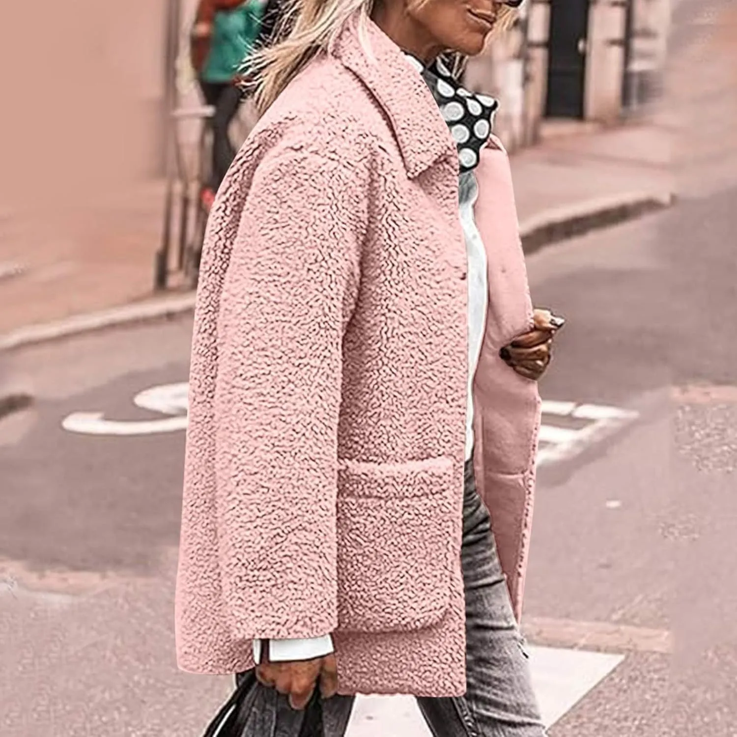 Women Fuzzy Fleece Jackets Warm Sherpa Cardigan Open Front Fleece Coat Long Sleeve Button Down Jacket Casual Winter Coat
