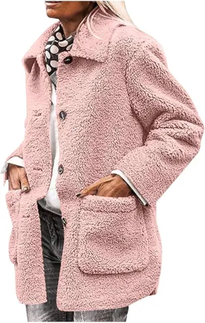 Women Fuzzy Fleece Jackets Warm Sherpa Cardigan Open Front Fleece Coat Long Sleeve Button Down Jacket Casual Winter Coat