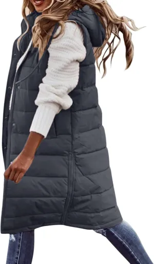 Women Long Vest Coat Down Jacket Warm Winter Sleeveless Quilted Parkas Overcoats Pocket Hooded Puffer Jackets