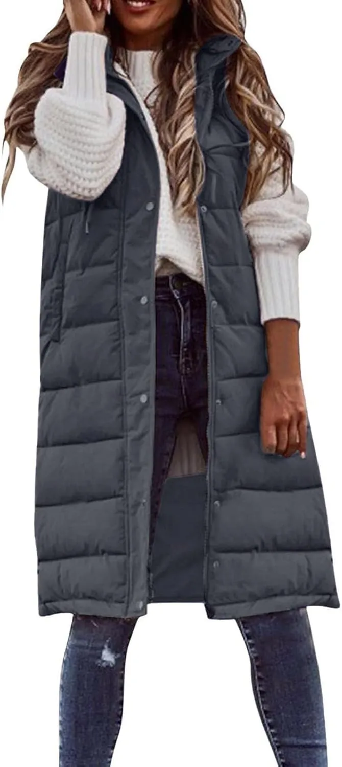 Women Long Vest Coat Down Jacket Warm Winter Sleeveless Quilted Parkas Overcoats Pocket Hooded Puffer Jackets