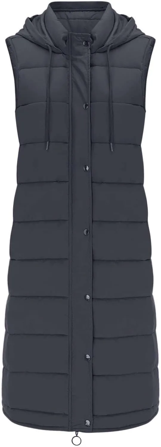 Women Long Vest Coat Down Jacket Warm Winter Sleeveless Quilted Parkas Overcoats Pocket Hooded Puffer Jackets