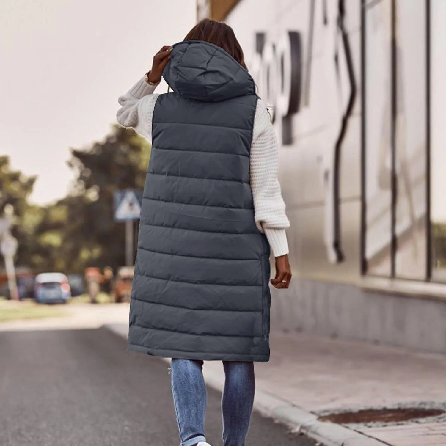 Women Long Vest Coat Down Jacket Warm Winter Sleeveless Quilted Parkas Overcoats Pocket Hooded Puffer Jackets