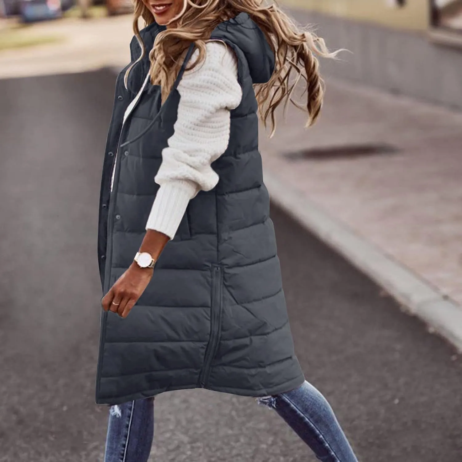 Women Long Vest Coat Down Jacket Warm Winter Sleeveless Quilted Parkas Overcoats Pocket Hooded Puffer Jackets