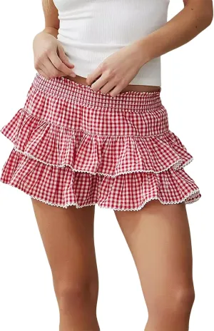 Women Plaid Ruffle Mini Skirt Y2k Lace Pleated Gingham Flowy Layered A Line Short Skirt Halloween Costume Streetwear
