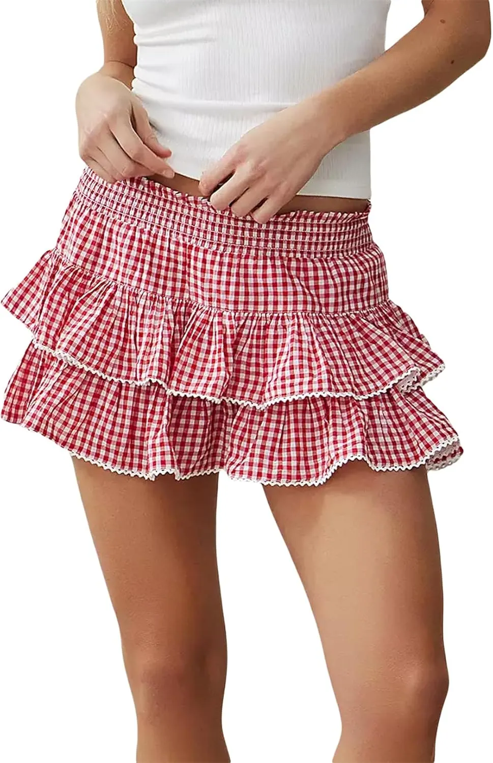 Women Plaid Ruffle Mini Skirt Y2k Lace Pleated Gingham Flowy Layered A Line Short Skirt Halloween Costume Streetwear