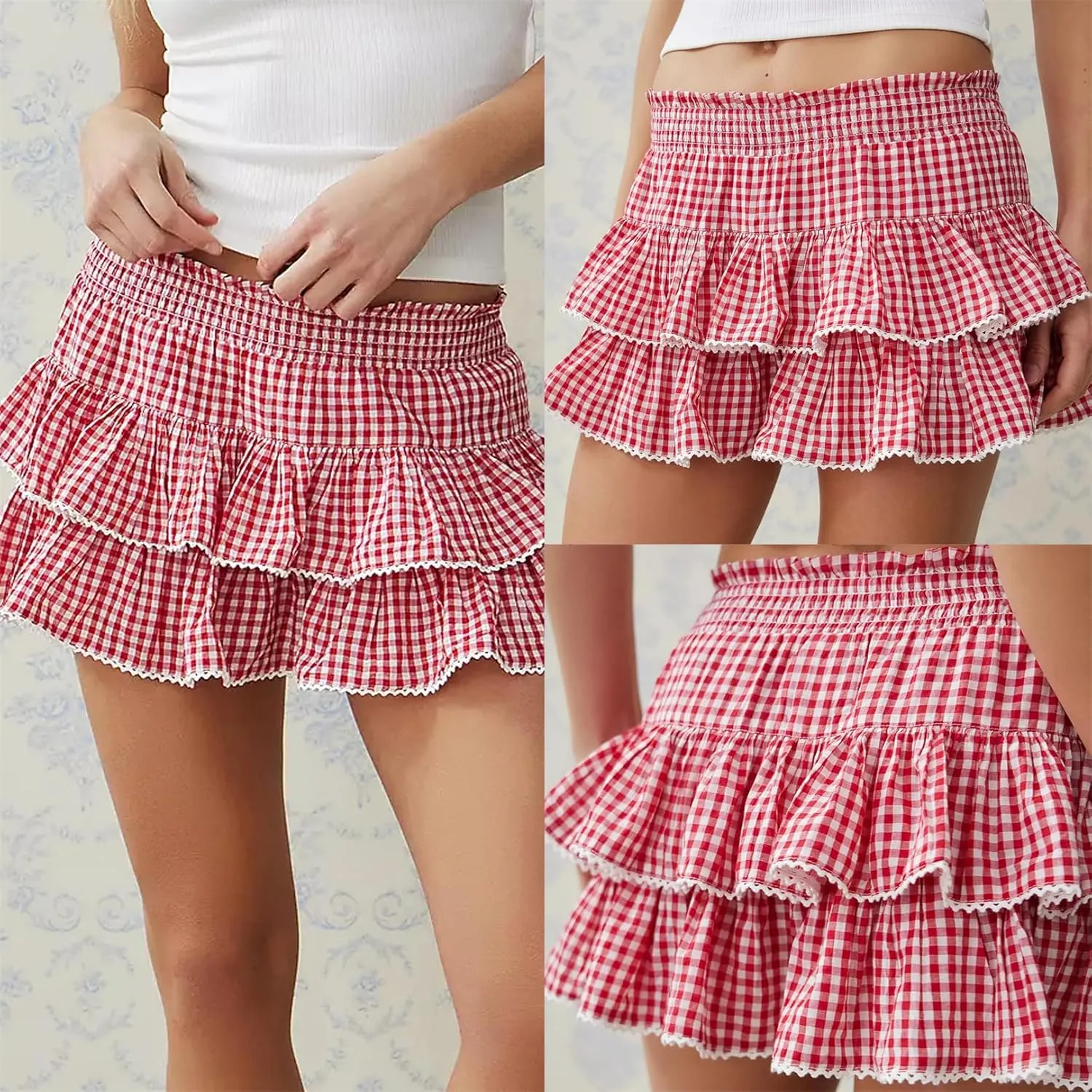 Women Plaid Ruffle Mini Skirt Y2k Lace Pleated Gingham Flowy Layered A Line Short Skirt Halloween Costume Streetwear
