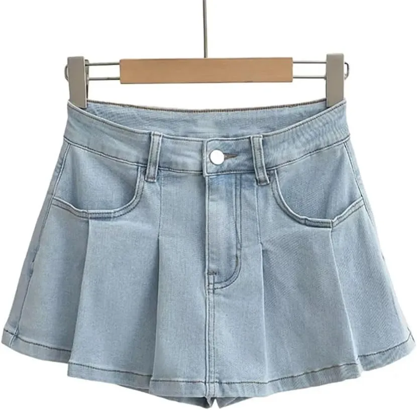Women Pleated Denim Mini Skirt Retro for Clothing High Waist Slightly Stretch Denim Skirt