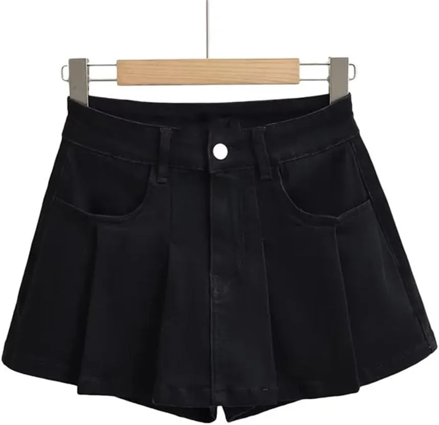 Women Pleated Denim Mini Skirt Retro for Clothing High Waist Slightly Stretch Denim Skirt