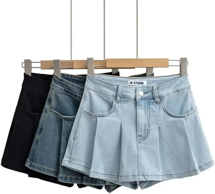 Women Pleated Denim Mini Skirt Retro for Clothing High Waist Slightly Stretch Denim Skirt