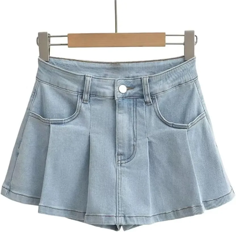 Women Pleated Denim Mini Skirt Retro for Clothing High Waist Slightly Stretch Denim Skirt