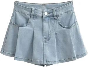Women Pleated Denim Mini Skirt Retro for Clothing High Waist Slightly Stretch Denim Skirt