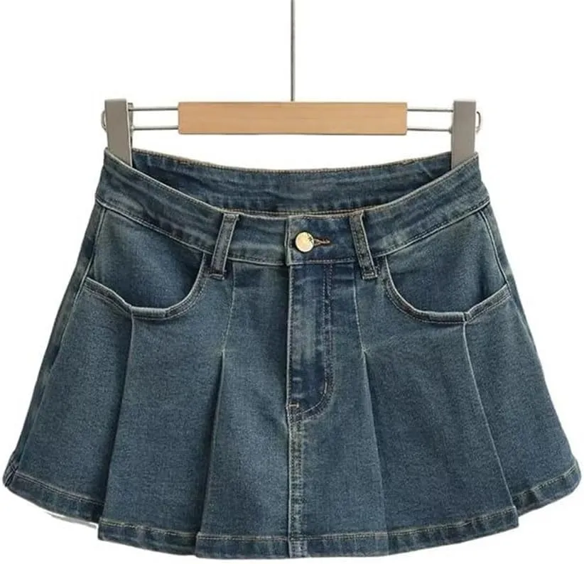 Women Pleated Denim Mini Skirt Retro for Clothing High Waist Slightly Stretch Denim Skirt