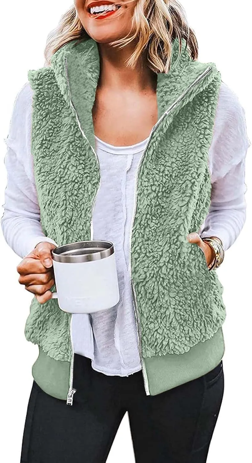 Women Plush Hooded Coats Lightweight Vest Coat Winter Outwear Zip Up Fleece Sleeveless Jacket with Pockets