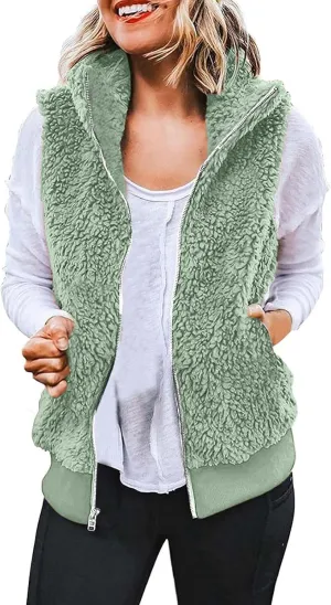 Women Plush Hooded Coats Lightweight Vest Coat Winter Outwear Zip Up Fleece Sleeveless Jacket with Pockets
