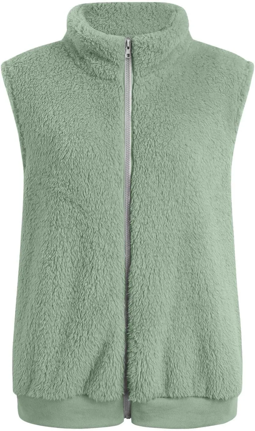 Women Plush Hooded Coats Lightweight Vest Coat Winter Outwear Zip Up Fleece Sleeveless Jacket with Pockets