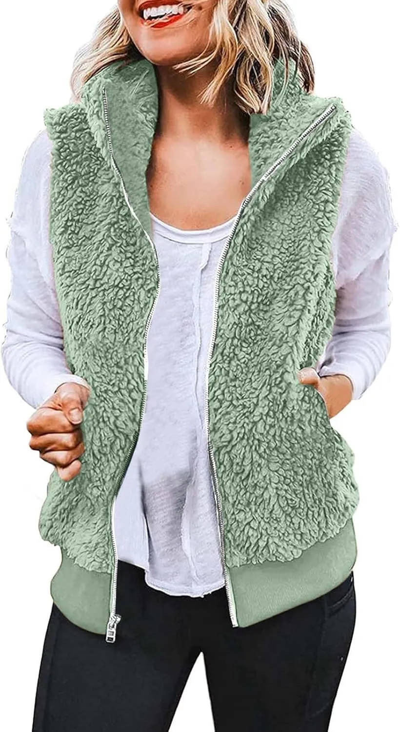 Women Plush Hooded Coats Lightweight Vest Coat Winter Outwear Zip Up Fleece Sleeveless Jacket with Pockets