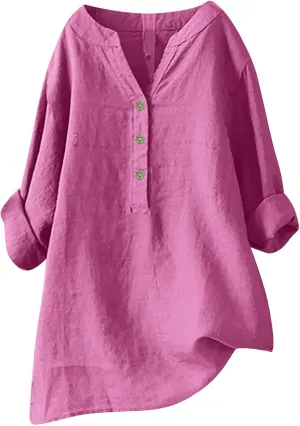 Women Short Sleeve Cotton Linen Shirt Casual Crew Neck Trendy Dressy T Shirt Buttons Loose Fit Summer Tee Top