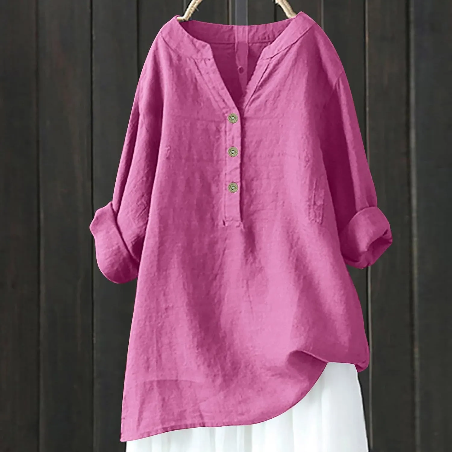 Women Short Sleeve Cotton Linen Shirt Casual Crew Neck Trendy Dressy T Shirt Buttons Loose Fit Summer Tee Top