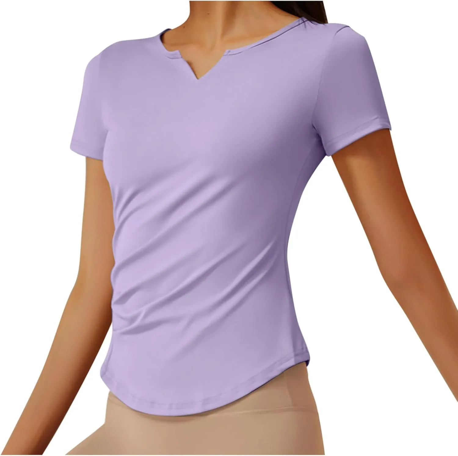 Women Short Sleeve Workout Shirts Ruched Slim Fitted V-Neck Yoga Tops Casual Athletic Gym Quick Dry Running Tees
