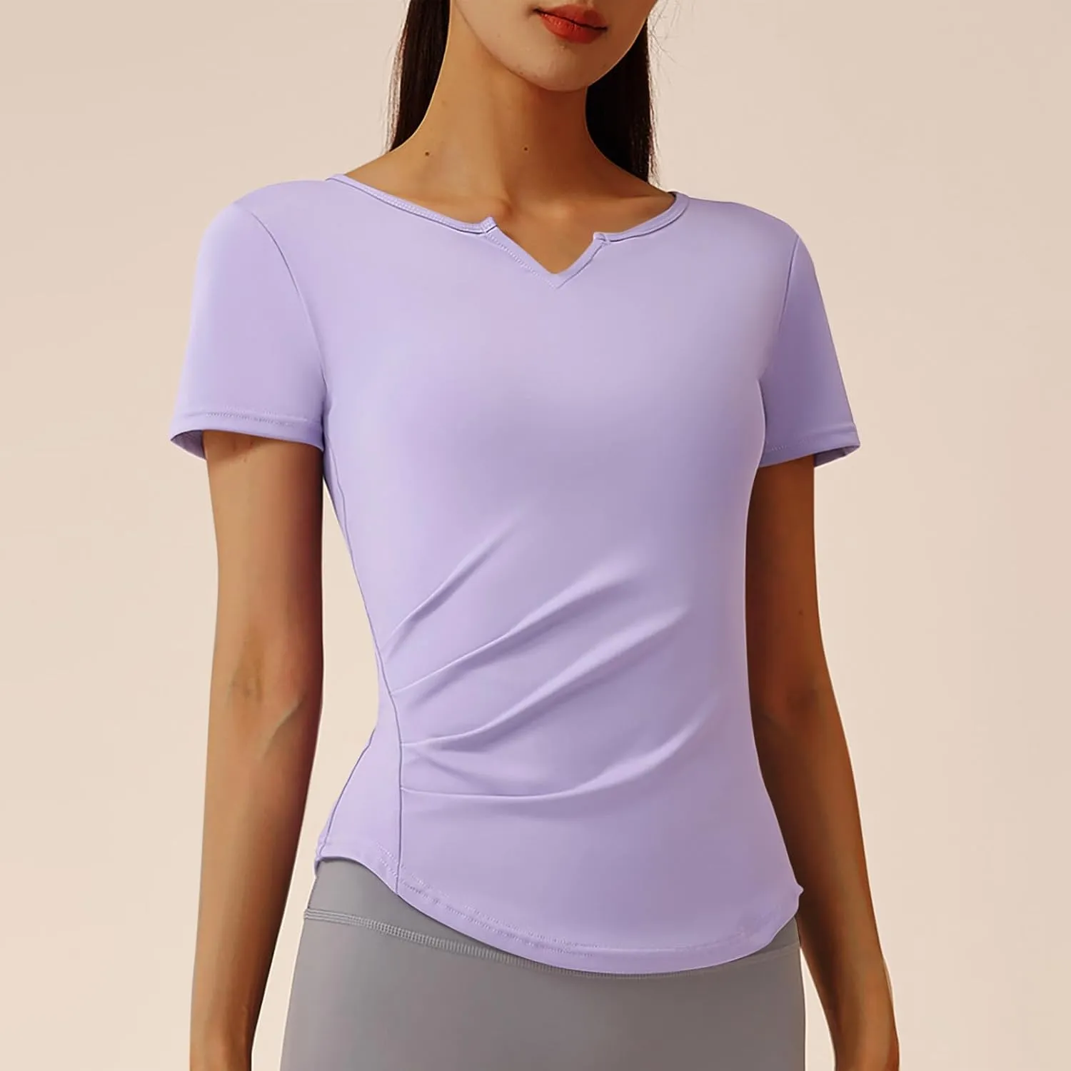 Women Short Sleeve Workout Shirts Ruched Slim Fitted V-Neck Yoga Tops Casual Athletic Gym Quick Dry Running Tees
