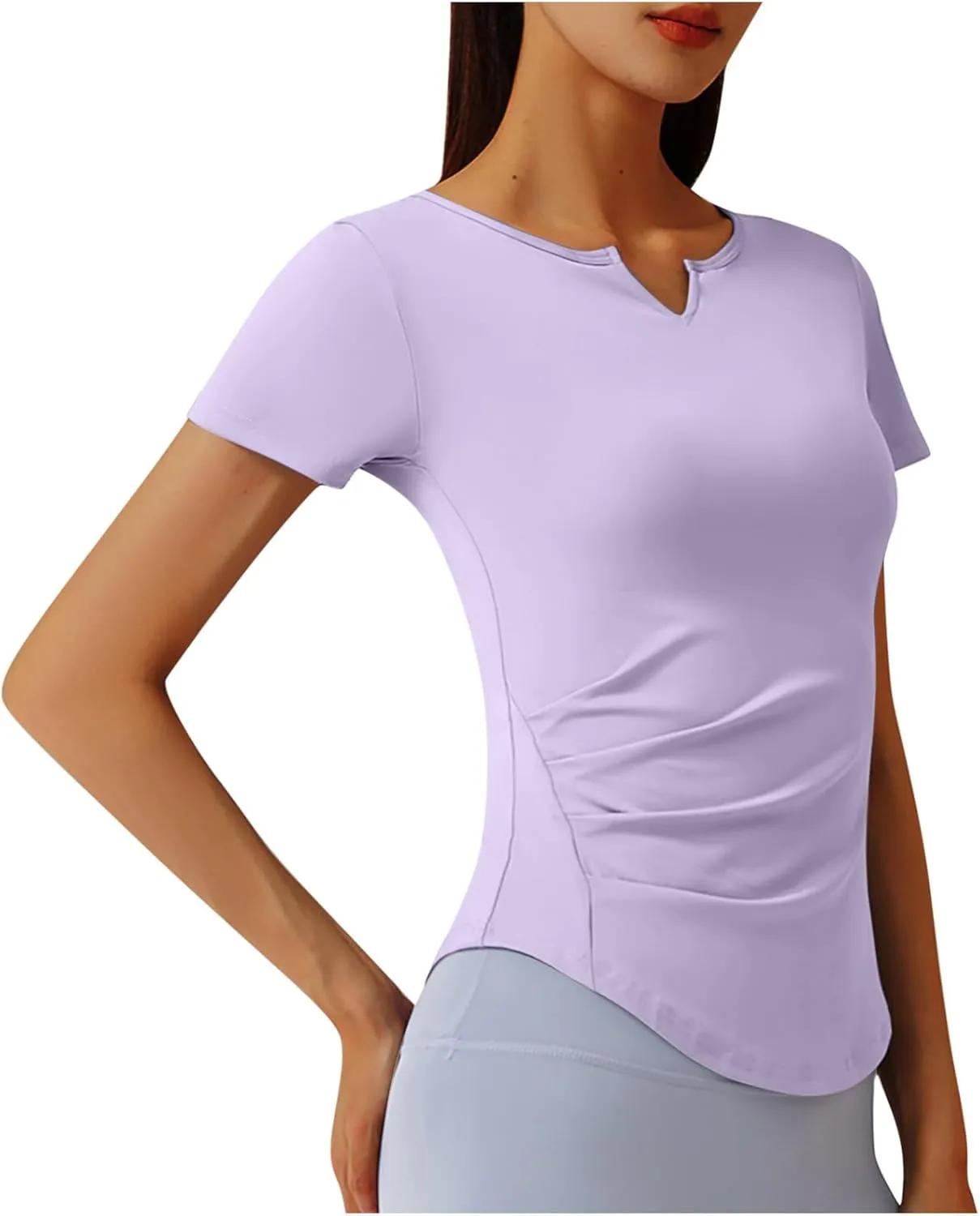 Women Short Sleeve Workout Shirts Ruched Slim Fitted V-Neck Yoga Tops Casual Athletic Gym Quick Dry Running Tees