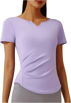 Women Short Sleeve Workout Shirts Ruched Slim Fitted V-Neck Yoga Tops Casual Athletic Gym Quick Dry Running Tees